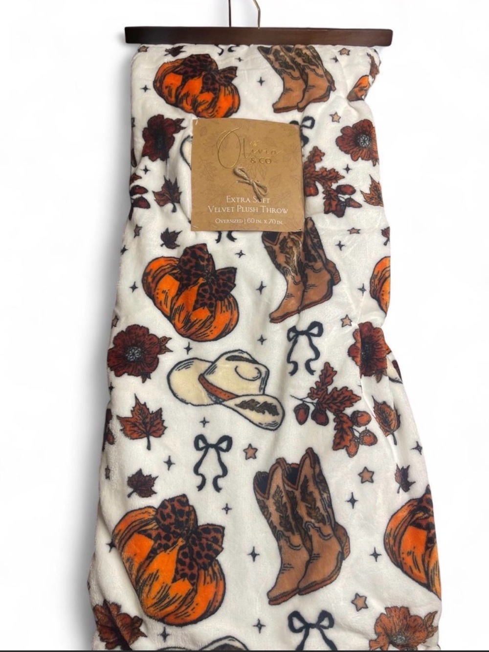 White Plush Throw with Orange Pumpkin & Brown Cowboy Motif